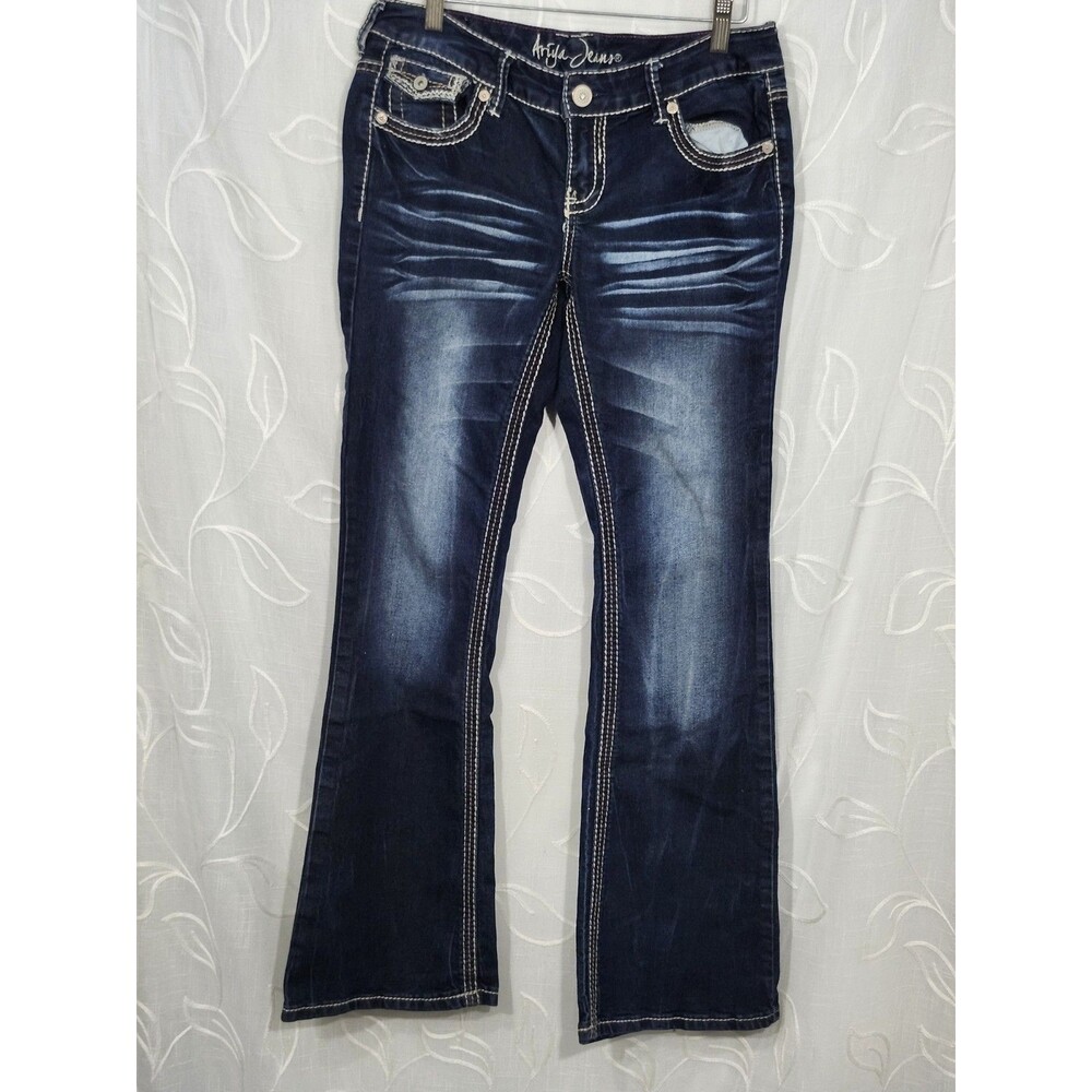 Ariya Jeans Women Blue Jeans 7/8 Bootcut Dark Denim Embroider Stitch